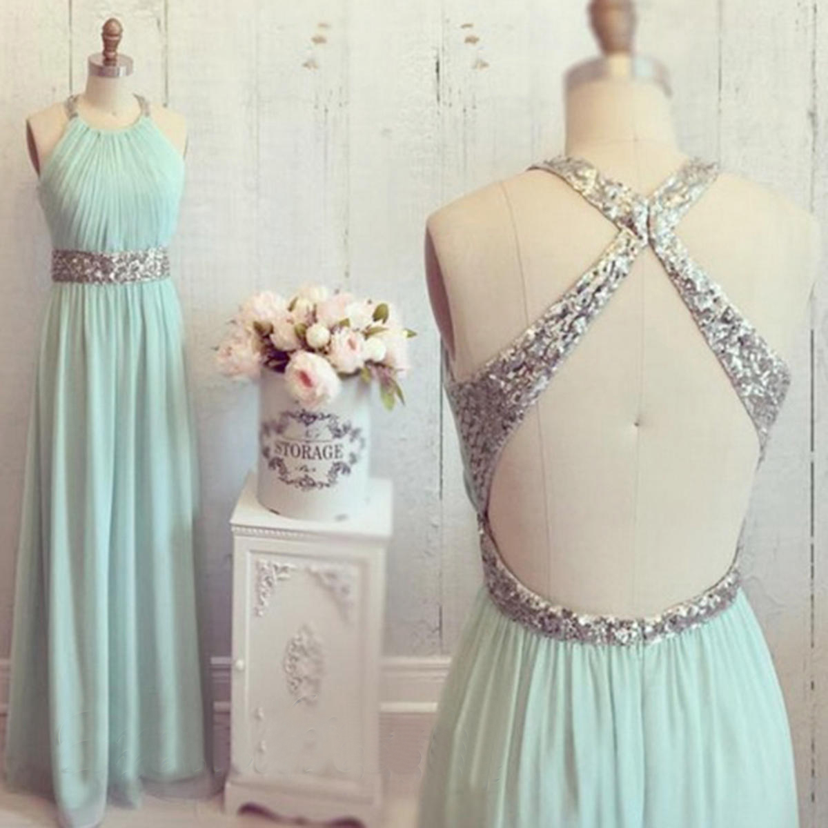 Backless Mint Prom Dresses